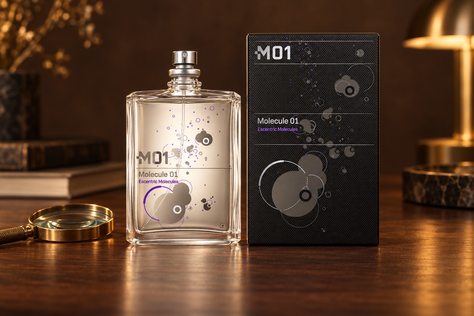 Molecule 01 и коробка рядом с лупой на тёмном столе